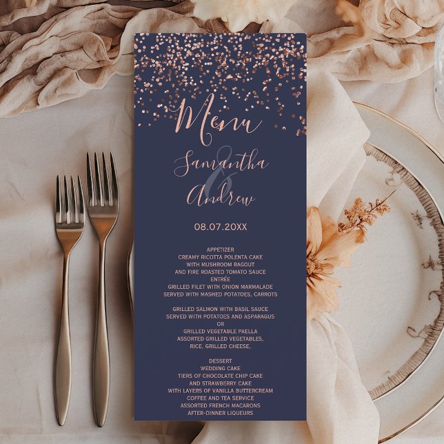 Rose Gold Konfetti Marinebarre Menükarte (Rose gold confetti navy blue wedding menu)