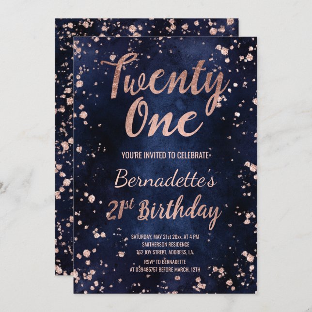 Rose Gold Konfetti Marineblau Chic 21. Geburtstag Einladung (Vorne/Hinten)