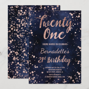 Rose Gold Konfetti Marineblau Chic 21. Geburtstag Einladung
