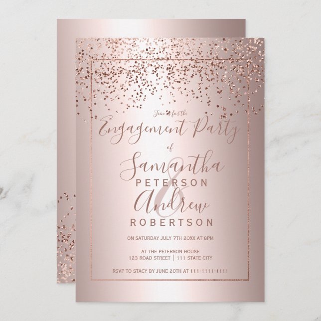 Rose Gold Konfetti Metallische Typografie Verlobun Einladung (Vorne/Hinten)