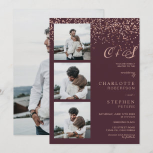 Rose gold Konfetti Rote Initialen Fotos Hochzeit Einladung