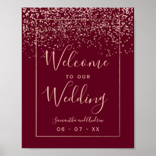 Rose gold Konfetti roter Bordeaux Hochzeitsempfang Poster