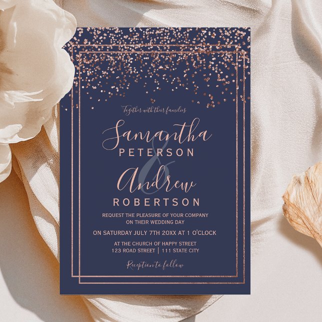 Rose Gold Konfetti Seebarre Blauer Chic Hochzeit Einladung (Rose gold confetti navy blue border chic wedding invitation)