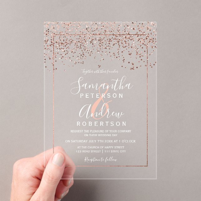 Rose Gold Konfetti Typografie klare Hochzeit Acryleinladungen (Insitu (Handheld))