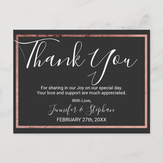 Rose Gold Kontur Border Black Wedding Vielen Dank Postkarte (Vorderseite)