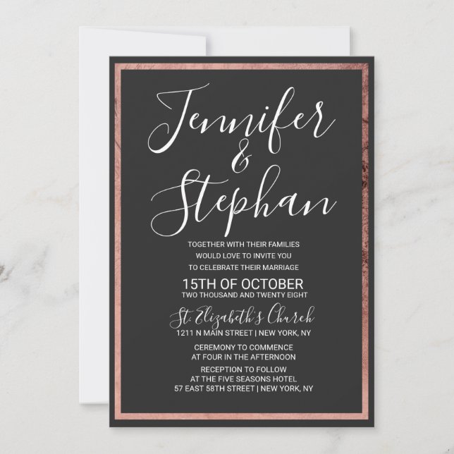 Rose Gold Kontur Border Simple Black Wedding Einladung (Vorderseite)