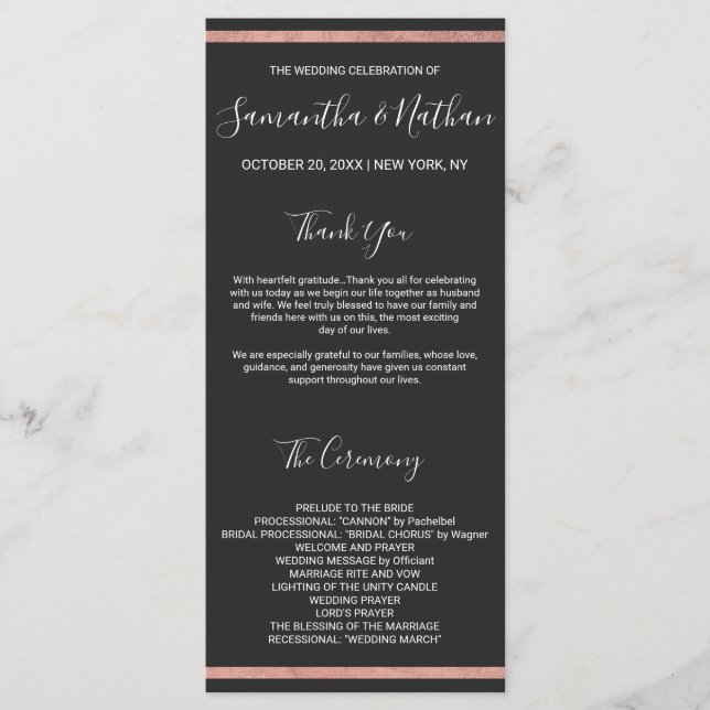 Rose Gold Kontur Border Simple Black Wedding Programm (Vorderseite)
