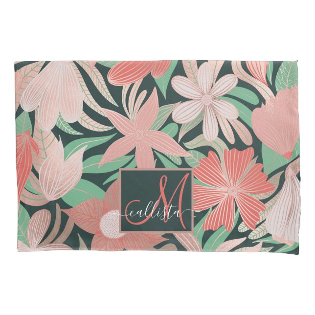 Rose Gold Korallen Green Floral Blätter Monogramm Kissenbezug (Vorderseite)