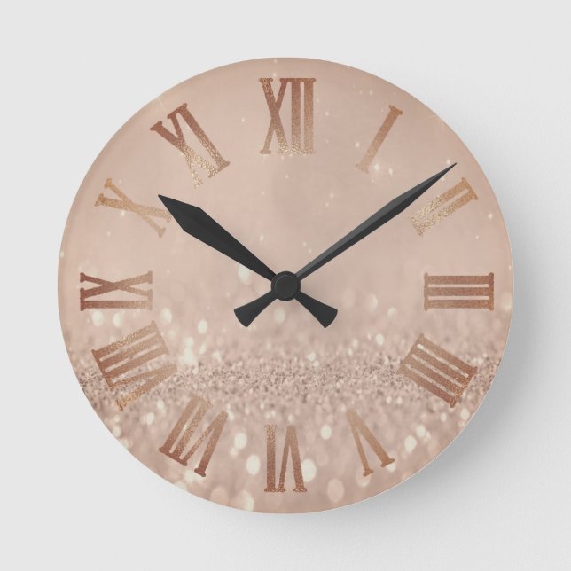 Rose Gold Kupfer Glitzer Minimal Metal römische Za Runde Wanduhr (Vorderseite)