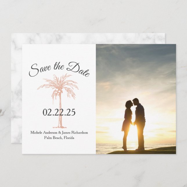 Rose Gold Kupfer Palm Tree Foto Marmorhochzeit Save The Date (Vorne/Hinten)