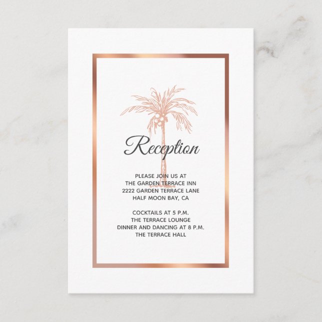 Rose Gold Kupfer Palm Tree Hochzeitsempfang Begleitkarte (Vorderseite)