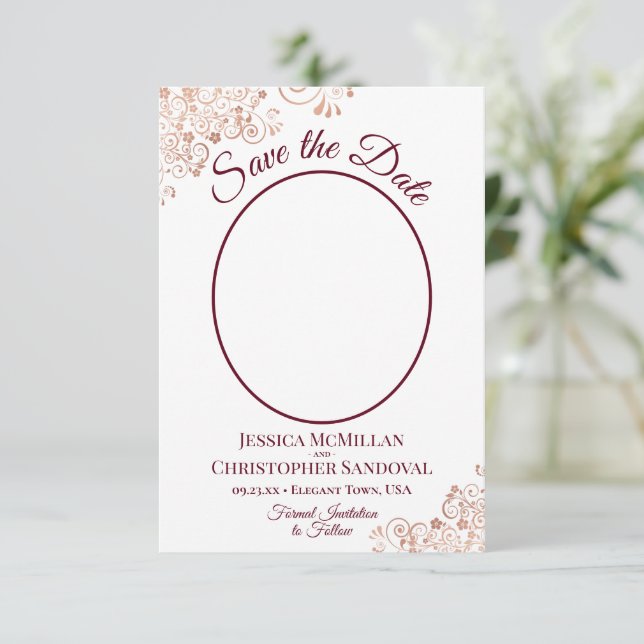 Rose Gold Lace & Burgund Oval Foto Hochzeit Save The Date (Stehend Vorderseite)