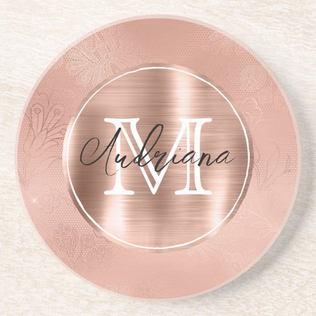 Rose Gold Lace Monogramm und Name Getränkeuntersetzer (Vorne)