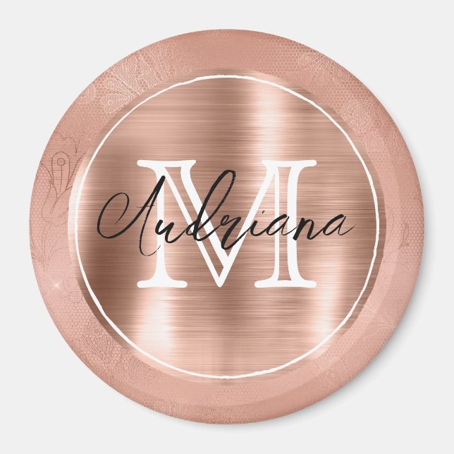 Rose Gold Lace Monogramm und Name Magnet (Vorne)