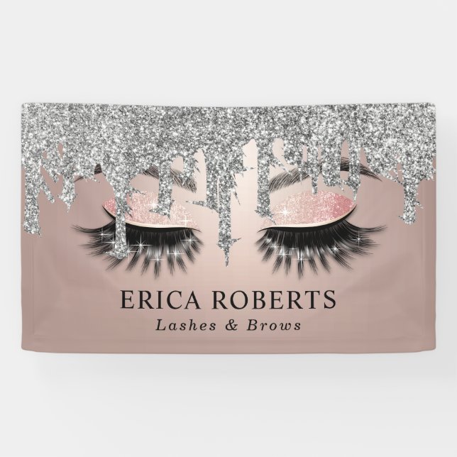 Rose Gold Lashes & Brows Salon Moderne Silberne Tr Banner (Horizontal)