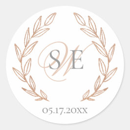 Rose Gold Leaf Elegant Monogram Wedding Runder Aufkleber