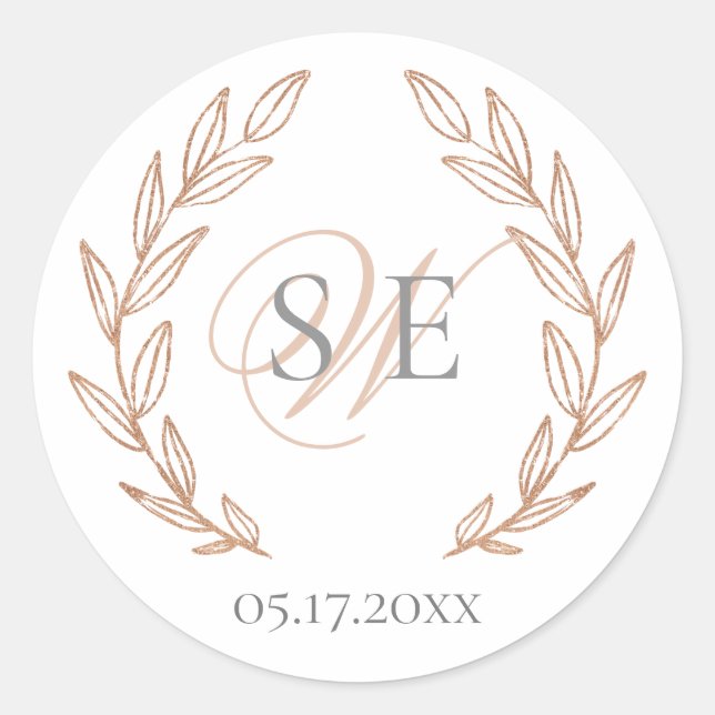 Rose Gold Leaf Elegant Monogram Wedding Runder Aufkleber (Vorderseite)