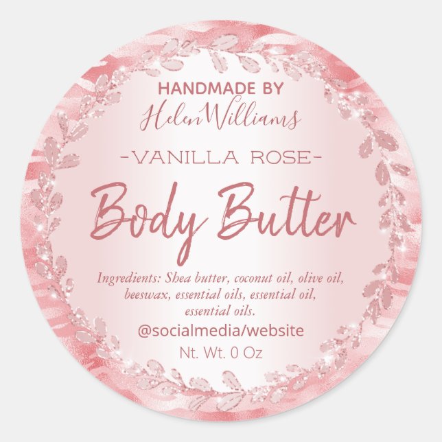 Rose Gold Leaf Zebra Druck Body Butter Labels Runder Aufkleber (Vorderseite)