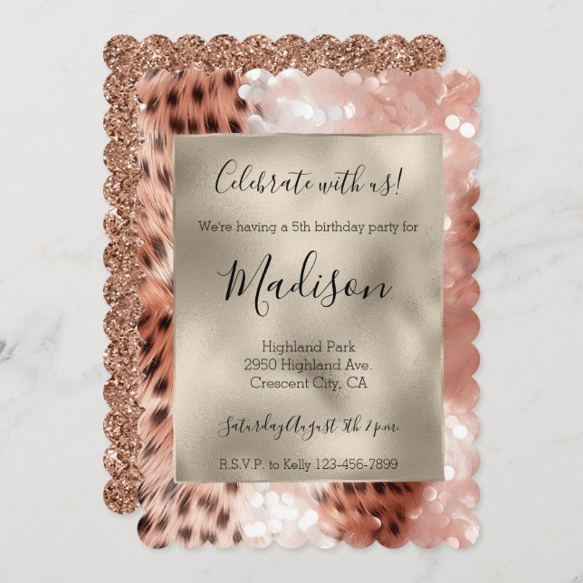 Rose Gold Leopard Glitz Stylish Glitzer Einladung (Vorne/Hinten)