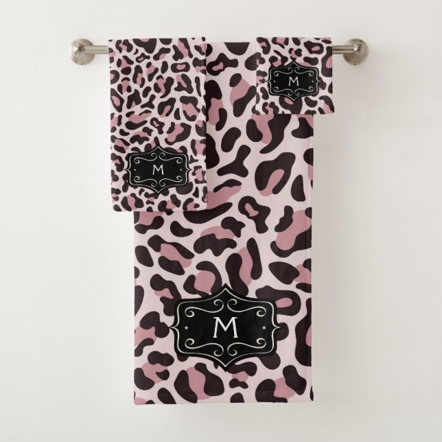 Rose Gold Leopard Print Monogram Luxus Handtuch Se Badhandtuch Set (Insitu)