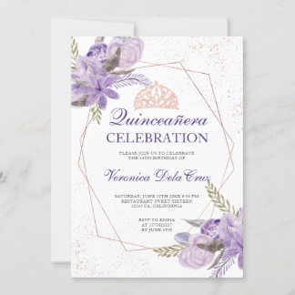 Rose Gold lila Blumenfarbe Quinceanera Einladung