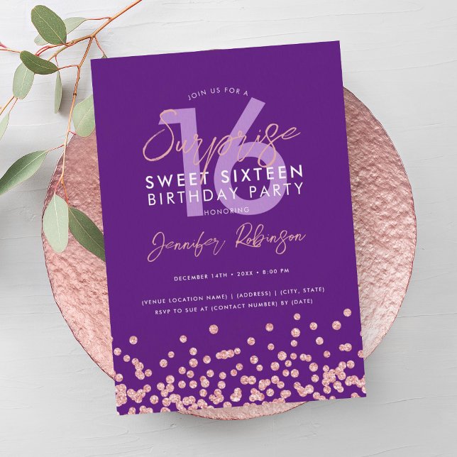 Rose Gold Lila Glitzer Überraschung Sweet 16 Einladung (Rose Gold Purple Glitter Surprise Sweet 16 Invitation)