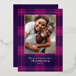 Rose Gold & Lila Kariert Foil Holiday Foto Card Folien Feiertagskarte