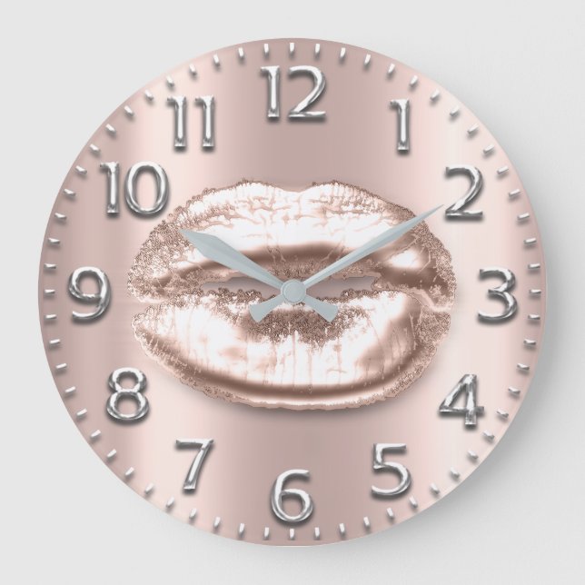 Rose Gold Lips Anzahl Blush Silber Grau Große Wanduhr (Vorderseite)