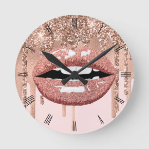 Rose Gold Lips Glitzer Tropfen Schöne Küche Salon Runde Wanduhr