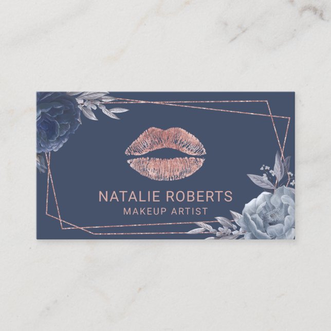 Rose Gold Lips Navy Floral Geometric Makeust Visitenkarte (Vorderseite)