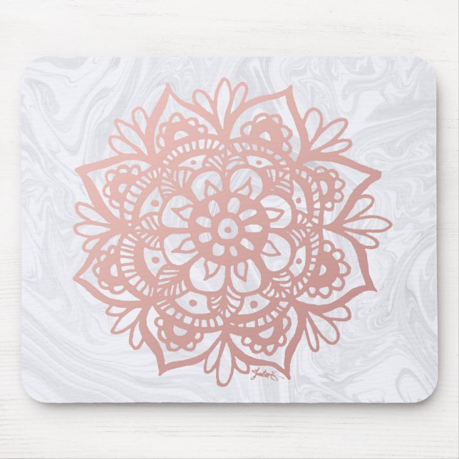 Rose Gold Mandala auf Mousepad aus weißem Marmor (Vorne)