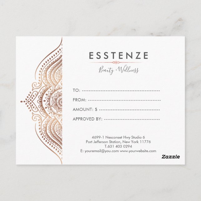 Rose Gold Mandala Geschenkgutachten Design Postkarte (Rückseite)