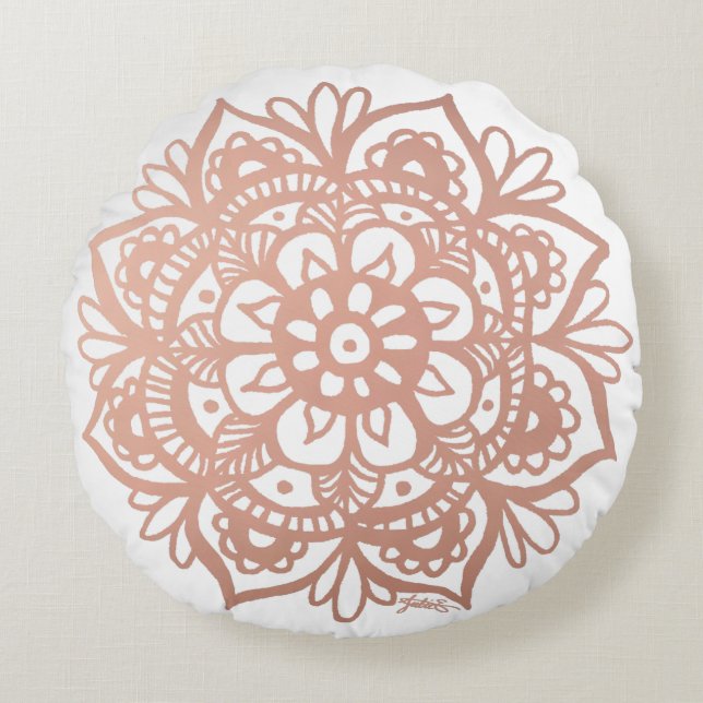 Rose Gold Mandala Rosa Blume Rundkissen Rundes Kissen (Vorderseite)