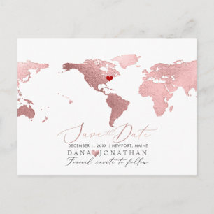Rose Gold Map, jedes Ziel Save the Date Postkarte