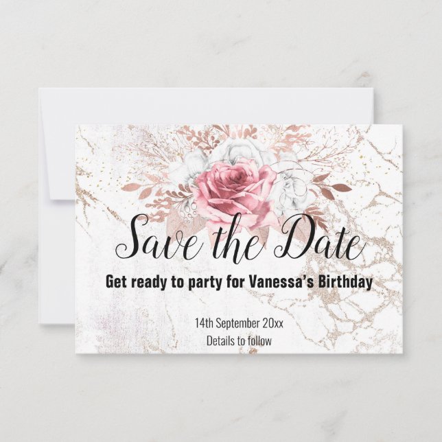 ROSE GOLD MARBLE FLORAL BLUSPINK SAVE THE DATE RSVP KARTE (Vorderseite)