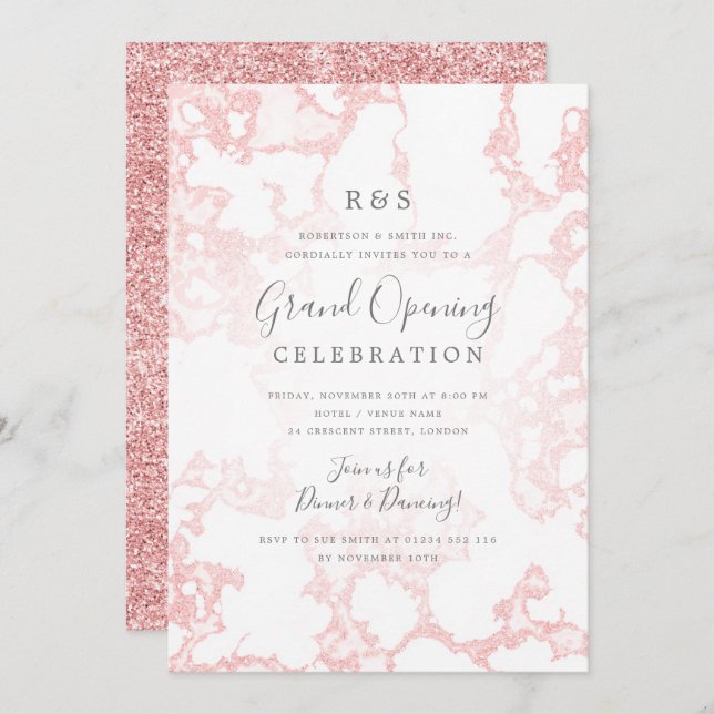 Rose Gold Marble Glitzer Corporate Grand Opening  Einladung (Vorne/Hinten)