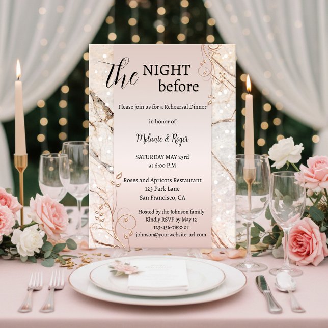 Rose Gold Marmor Blumen Probeessen Einladung (Rehearsal dinner invitation featuring festive rose gold floral swirls on blush pink and marble)