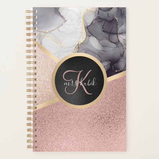 Rose Gold Marmor Glitzer Monogram Teacher Planner Planer (Vorderseite)