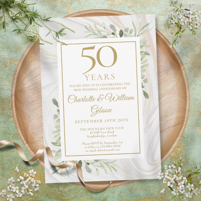Rose Gold Marmor Grüne Einladung (50th Gold Anniversary Rose Gold Marble Greenery Invitation)