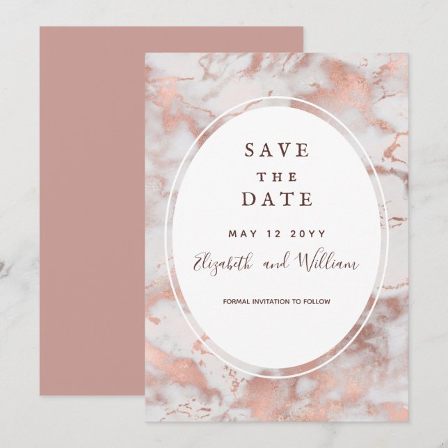 Rose Gold Marmor Minimal Save the Date Einladung (Vorne/Hinten)