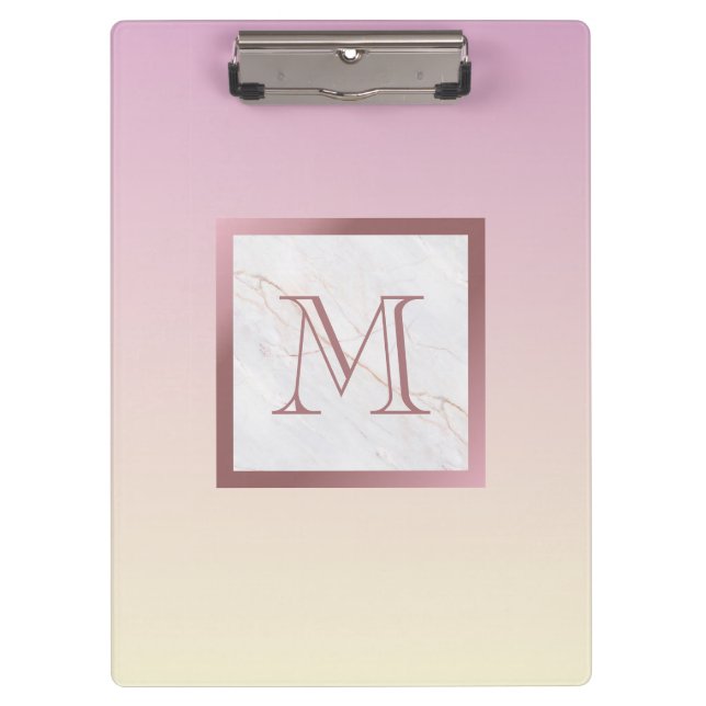 Rose Gold Marmor Monogram Pink Ombre Klemmbrett (Vorderseite)