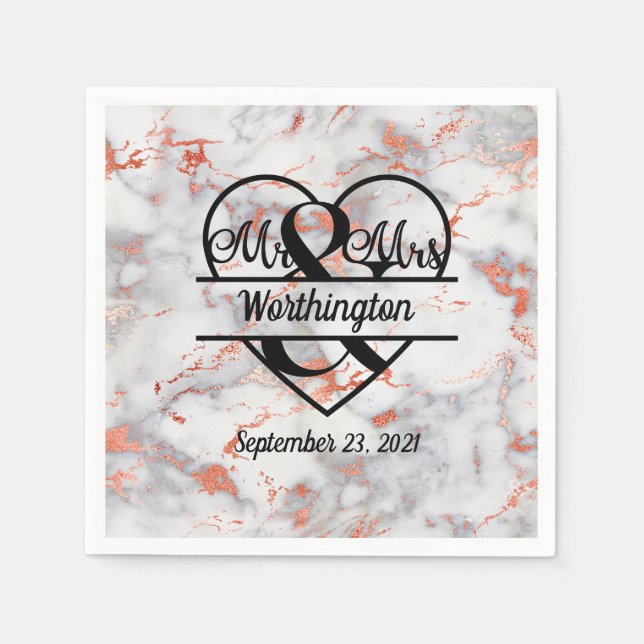 Rose Gold Marmor Mr. und Mrs. Heart Wedding Serviette (Vorderseite)