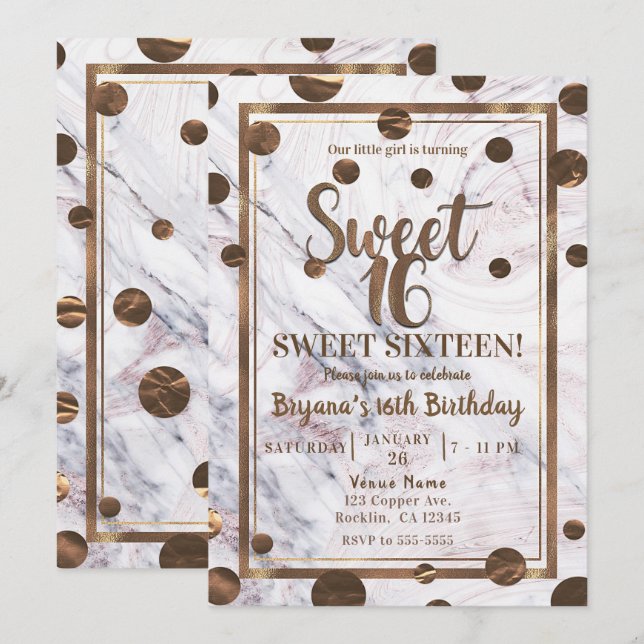 Rose Gold Marmorbronze Kupfer Sweet 16 Party Einladung (Vorne/Hinten)