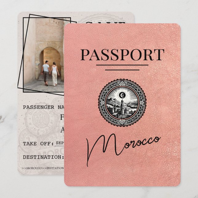 Rose Gold Marokko Reisepass Save the Date (Vorne/Hinten)