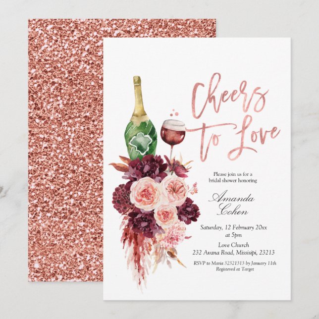 Rose Gold Marsala Floral jubeln zur Liebe Einladun Einladung (Vorne/Hinten)