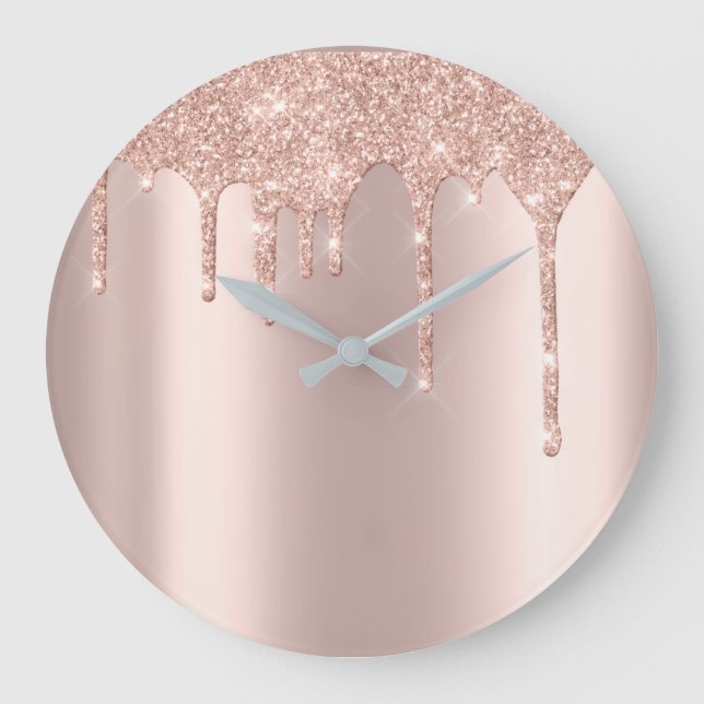 Rose Gold Metal Spark Glitzer Tropfen Roter Glitze Große Wanduhr (Vorderseite)