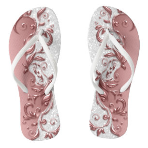 Rose Gold Metallic Floral & White Glitzer Flip Flops