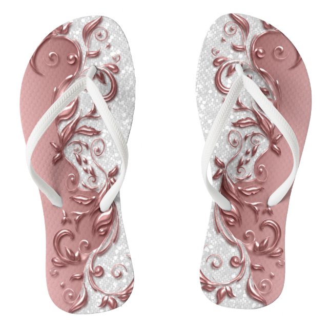 Rose Gold Metallic Floral & White Glitzer Flip Flops (Fußbett)