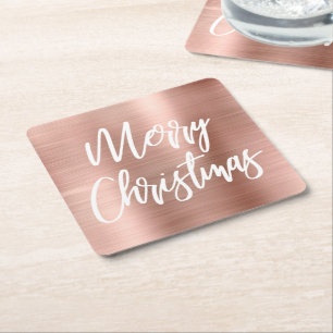 Rose Gold Metallic Frohe Weihnachtskalligraphie Rechteckiger Pappuntersetzer