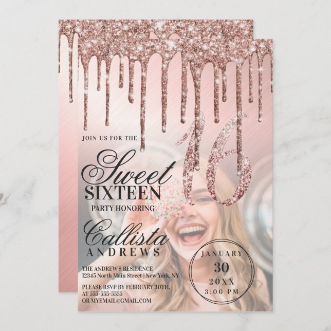 Rose Gold Metallic Glitzer Tropfen Foto Sweet 16 Einladung (Vorne/Hinten)